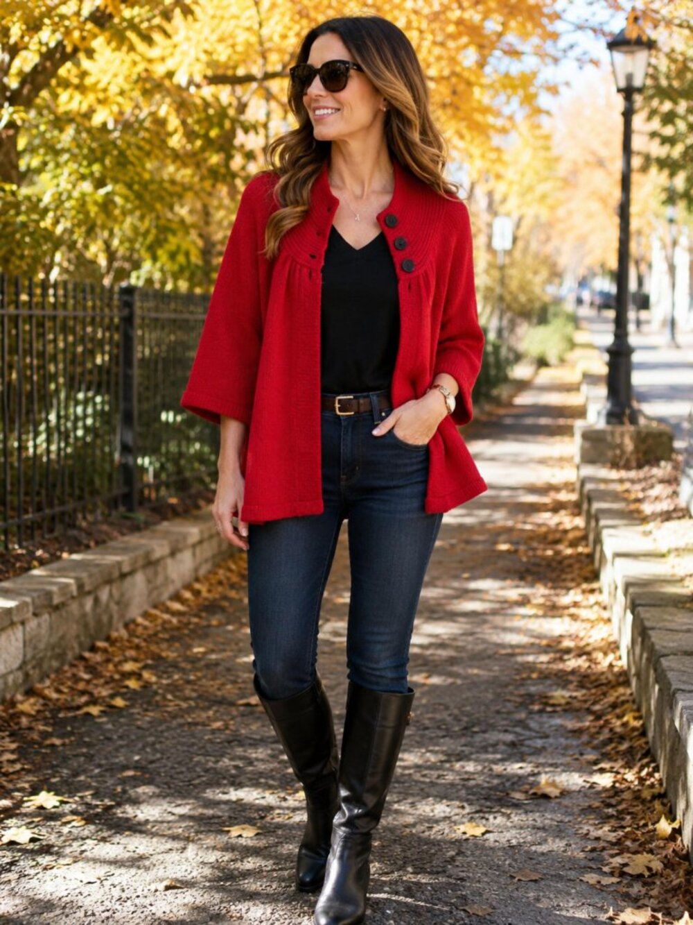 Knit Swing Cardigan Jacket Kenneth Cole, Loose Medium, Boho, 3 Season, Red